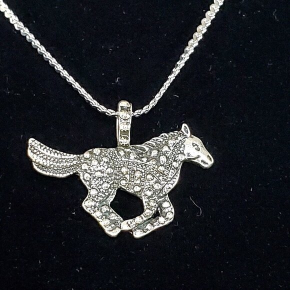 None Jewelry - Silver-Tone Galloping Horse Pony Mustang Pendant Necklace Equestrian